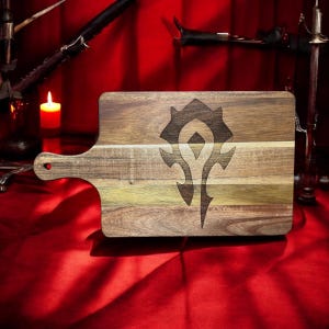 CUSTOMIZABLE World of Warcraft Inspired &quot;Horde&quot; Cutting Board  - Acacia Wood Food Charcuterie - Unique Gift