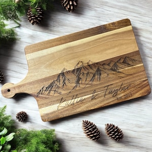 Custom Acacia Wood Cutting Board: Engraved Mountain Charcuterie Board
