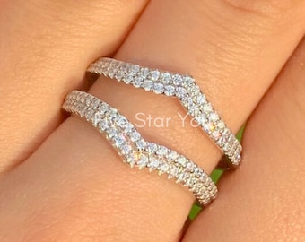 Round Moissanite Enhancers And Wrap Guard Ring For Women, Double V Shaped Engagement Ring Enhancers, Double Curved Band, 925 Sterling Silver