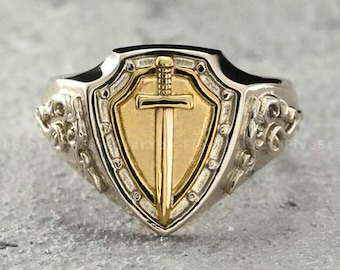 925 Sterling Silver Two Toned Knight Armor Signet Rings, Sword Shield Ring For Men's Anniversary Gift Everyday Signet Ring For Him