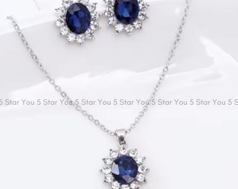 Blue Sapphire Halo Jewelry Set For Her, 925 Sterling Silver Earrings and Necklace Set, September Birthstone Necklace Earrings Jewelry Set