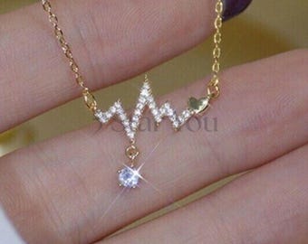 Moissanite Heartbeat Necklace For Her, Heart Beat Pendant for Women, 925 Sterling Silver, Love Charm Jewelry for Her, Gift for Mom