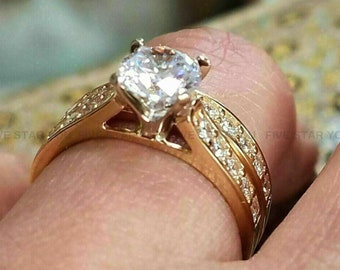 1 Ct Round Moissanite Diamond Solitaire Bridal Set, Small Round Cut Moissanite Diamond Shank Custom Wedding Rings, 14K Yellow Gold Ring
