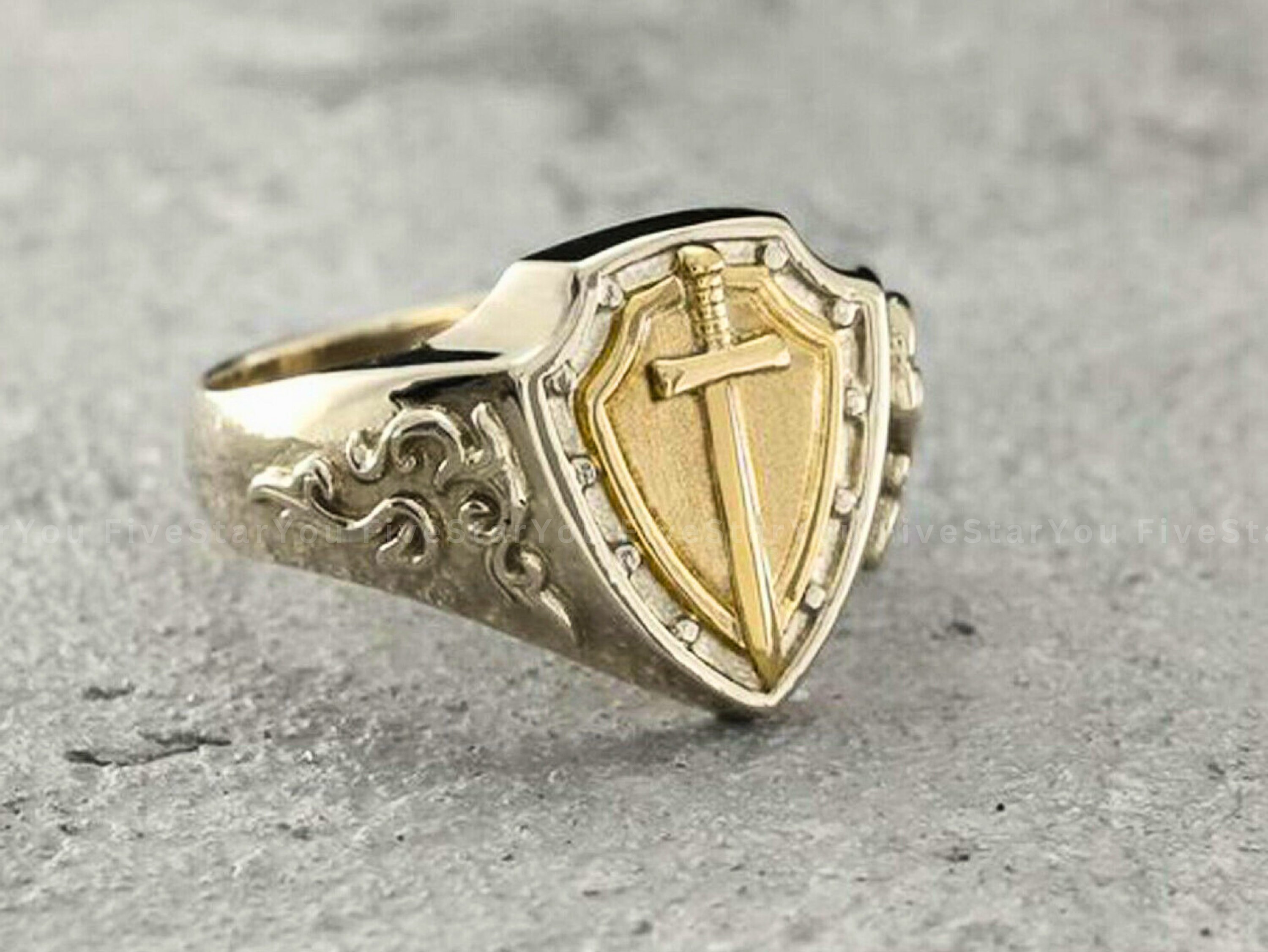 Signet Rings Shield Rinh 925 Sterling Silver Two Toned Knight Armor Signet Rings, Sword Shield ...