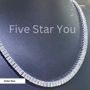 Emerald Cut Colorless Moissanite Tennis Necklace For Men and Women 925 Sterling Silver 14K White Gold Plated, Gift For Him, Anniversary Gift
