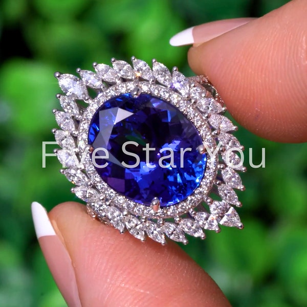 Blue Violet Tanzanite Gemstone Ring, Moissanite Diamond Ring, Unique Wedding Ring For Her, White Gold Ring, Vintage Ring