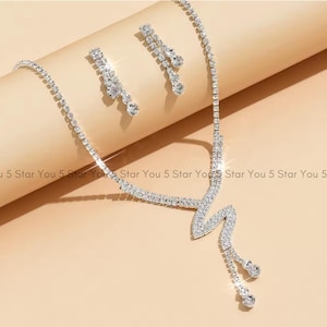 Round Cut Moissanite Tennis Necklace Earrings, Wedding Jewelry Set For Women&#39;s, 925 Sterling Silver, Bridal Jewelry Set For Bride