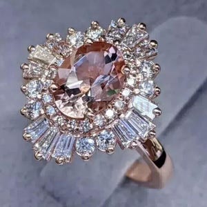 Oval Cut Pink Morganite Ballerina Ring Cluster Engagement Ring, Vintage Art Deco Ballerina Ring, Cocktail, 14K Rose Gold Plated S925 Silver