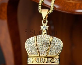 King Crown Moissanite Pendant Necklace, Iced Out Hip Hop Jewelry for Men, 925 Sterling Silver, King Queen Crown Necklace, Rapper Pendant
