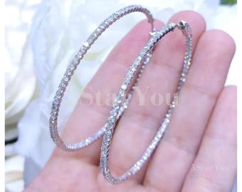 Round Cut Moissanite Big Hoop Earrings, Large Thin Hoop Earrings, Inside Out Hoop Earrings, 70MM Hoop, 925 Sterling Silver, Gift For Her