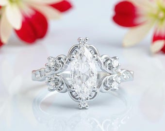 Marquise Cut Moissanite Engagement Ring, Vintage Inspired Scroll Design, 925 Sterling Silver, Unique Antique Promise Ring for Her