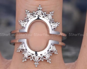 Round Cut Moissanite Ring Guard Protector, Vintage Double Crown Enhancer Ring For Women, 14K White Gold Plated 925 Sterling Silver