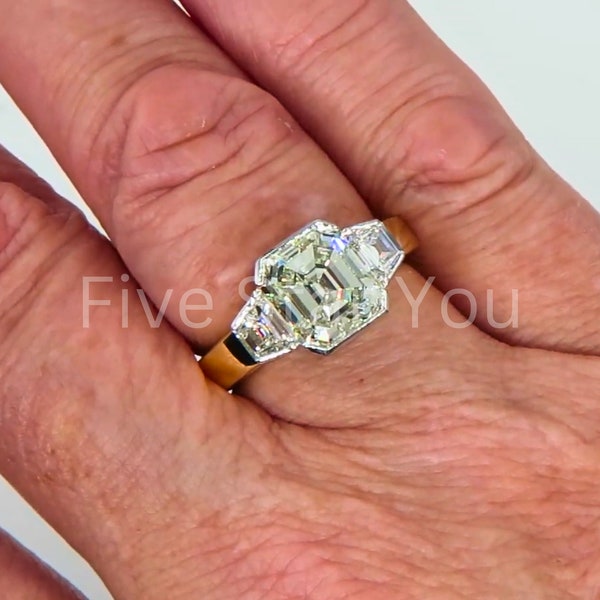 Three Stone Emerald Moissanite Diamond Classic Full Bezel Set Engagement Ring Three Stone Promise Ring Birthday Gift For Her