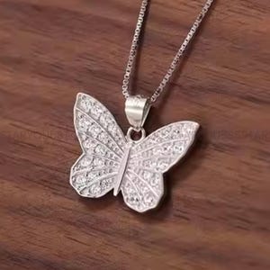Round Cut Moissanite Butterfly Pendant Necklace, Tiny Butterfly  Minimalist Anniversary Gift For Woman, 925 Sterling Silver, Gift For Her