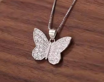 Round Cut Moissanite Butterfly Pendant Necklace, Tiny Butterfly  Minimalist Anniversary Gift For Woman, 925 Sterling Silver, Gift For Her