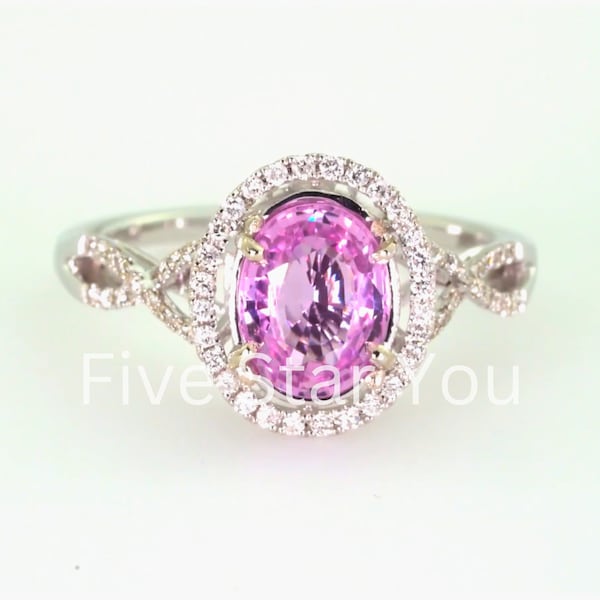 Oval Pink Sapphire Diamond Engagement Ring, Round Moissanite Diamond, Wedding Ring For Her, White Gold Ring, Vintage Ring