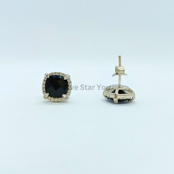 Black Cushion Cut Stud Earrings for Women, Spinel Stud Earrings, Gifts for Mom, Big Black Stud Earrings, Black 925 Sterling Silver Stud