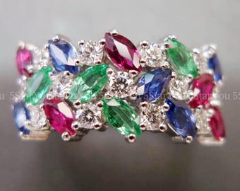 Marquise Cut Multi Gemstone & Round Moissanite Band, Half Eternity Women's Unique Wedding Band, 925 Sterling Silver, Anniversary Ring Gift