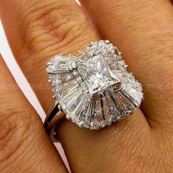 Baguette Halo Moissanite Diamond Ring, Vintage Diamond Ring, Ballerina Ring, 14k White Gold Plated Ring, Gift For Mom