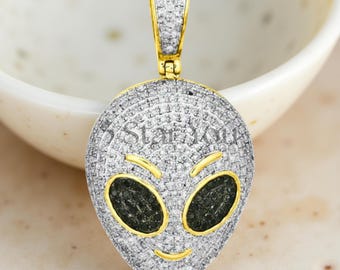 Iced Out Alien Pendant, Men's Alien Head Pendant 925 Sterling Silver, UFO Necklace, Hip Hop Alien Charm, Bling Urban Jewelry