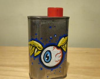 Flying eyeball upcycled decorative can. Kustom kulture, lowbrow hot rod