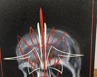 Pinstriped skull canvas painting, old school hot rod rat rod