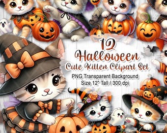 Halloween Kitten Clipart PNG | Cute Cat in Costume | Fall Animal Stickers | Kawaii Black Cat | Spooky Kitty Illustration, 12" 300 dpi