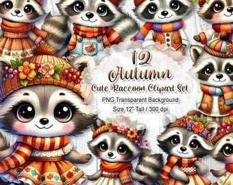 Cute Autumn Raccoon Clipart, Fall Animal PNG Set, Forest Animal Sublimation, Watercolor Raccoon Graphic, Digital Download, 12" 300 dpi