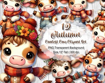 Cute Autumn Cow Clipart, Fall Farm Animal PNG, Watercolor Cow Sublimation, Cozy Cow Graphic Set, Digital Download Bundle, 12" 300 dpi