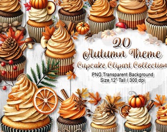 Autumn Cupcake Clipart Set PNG, Fall Cupcake Sublimation Images, Pumpkin Spice Clipart for Stickers and Scrapbooking, 12" 300 dpi