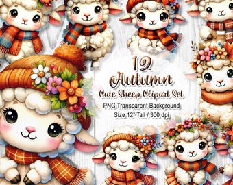 Cute Autumn Sheep Clipart, Fall Animal PNG Set, Lamb Sublimation Graphic, Cozy Farm Decor, Digital Download Bundle, 12" 300 dpi