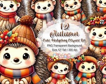 Cute Autumn Hedgehog Clipart, Fall Animal PNG Set, Cozy Critter Sublimation, Watercolor Hedgehog Graphic, Digital Download Sticker, 300 dpi