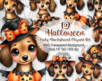 Halloween Lady Dachshund Clipart PNG | Cute Dog in Costume | Fall Pet Sticker Bundle | Spooky Dog Illustration for DIY Projects, 12" 300 dpi