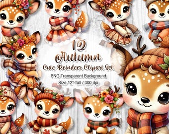 Cute Autumn Deer Clipart, Fall Reindeer PNG Set, Cozy Fawn Sublimation, Watercolor Forest Animal, Digital Download, 12" 300 dpi