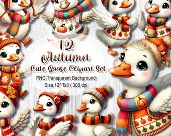 Cute Autumn Goose Clipart, Fall Duck PNG Bundle, Cozy Farm Animal Sublimation, Watercolor Goose Graphic, Digital Download Set, 12" 300 dpi
