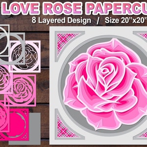 3D Svg Pink Love Valentine&#39;s Rose Multi-layered Design Flowers Papercut SVG Clipart Digital Download Creative DIY Projects
