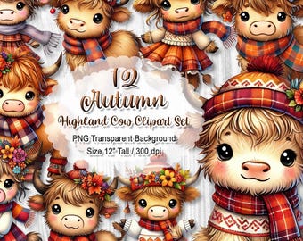 Cute Autumn Highland Cow Clipart, Fall Animal PNG Set, Scottish Cow Sublimation, Watercolor Farm Graphic, Digital Download Bundle, 300 dpi