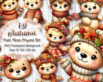 Cute Autumn Bear Clipart, Fall Animal PNG Set, Cozy Teddy Sublimation, Watercolor Bear Graphic, Digital Download Bundle, 12" 300 dpi