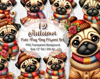 Cute Autumn Pug Clipart, Fall Dog PNG Bundle, Cozy Puppy Sublimation, Pet Lover Gift Graphic, Digital Download Art, 12" 300 dpi