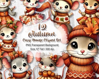 Cozy Autumn Mouse Clipart, Fall Mouse PNG Set, Cute Animal Sublimation, Watercolor Rodent Graphic, Digital Download Bundle, 12" 300 dpi