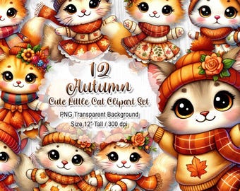 Autumn Kitten Clipart Set, Watercolor Fall Cat PNG (Digital Download Bundle, 12" 300 dpi )