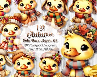Cute Autumn Duck Clipart, Fall Bird PNG Bundle, Farm Animal Sublimation, Cozy Duck Graphic Set, Digital Download, 12" 300 dpi