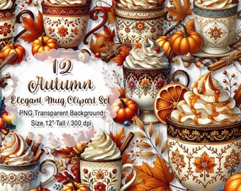 Elegant Autumn Mug Clipart, Fall Coffee Cup PNG, Watercolor Pumpkin Graphic Cozy Sublimation Design, Digital Download Set, 12" 300 dpi