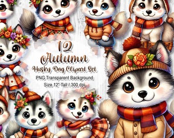 Cute Autumn Husky Clipart, Fall Dog PNG Set, Siberian Sublimation, Watercolor Puppy Graphic, Digital Download Sticker Bundle, 12" 300 dpi