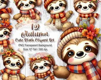 Cute Autumn Sloth Clipart, Fall Animal PNG Set, Cozy Critter Sublimation, Watercolor Hedgehog Graphic, Digital Download Sticker, 12" 300 dpi