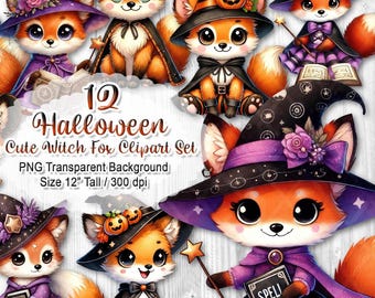 Halloween Cute Witch Fox PNG Clipart Set | 12 Witch Foxs Transparent Images for Sublimation, Scrapbooking, Stickers, and Crafts, 12" 300dpi