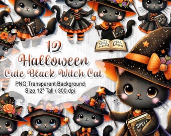 Halloween Witch Cat Clipart | Watercolor Spooky PNG (Digital Download