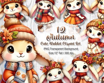 Cute Autumn Rabbit Clipart, Fall Bunny PNG Set, Cozy Animal Sublimation, Watercolor Hare Graphic, Digital Download Sticker Bundle, 300 dpi