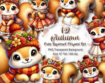 Cute Autumn Squirrel Clipart, Fall Animal PNG Set, Cozy Critter Sublimation, Watercolor Hedgehog Graphic, Digital Download Sticker, 300 dpi