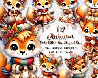 Cute Autumn Fox Clipart, Fall Animal PNG Set, Little Fox Sublimation, Watercolor Vixen Graphic, Digital Download Sticker, 300 dpi